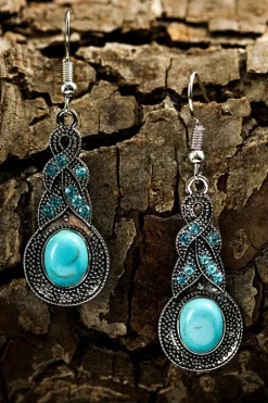 Clearance Dear-Lover Western Turquoise Rhinestone Inlay Dangle Earrings Silvery