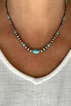 Clearance Dear-Lover Western Turquoise Beaded Necklace and Earring Set Silvery