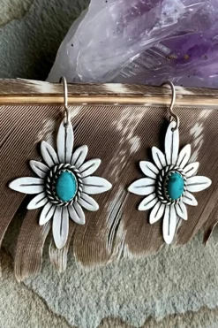 Clearance Dear-Lover Western Turquoise Flower Shape Hook Earrings Silvery