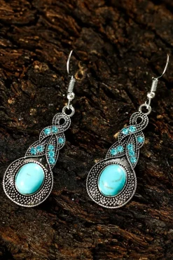 Clearance Dear-Lover Western Turquoise Rhinestone Inlay Dangle Earrings Silvery