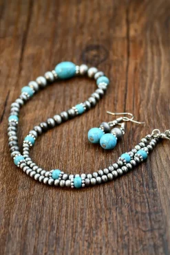 Clearance Dear-Lover Western Turquoise Beaded Necklace and Earring Set Silvery