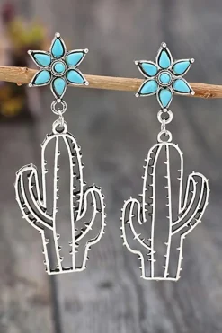 Online Dear-Lover Western Turquoise Flower Cactus Dangle Earrings Silvery