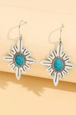 Clearance Dear-Lover Western Turquoise Flower Shape Hook Earrings Silvery