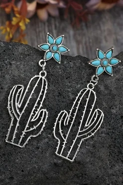 Online Dear-Lover Western Turquoise Flower Cactus Dangle Earrings Silvery