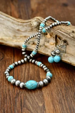 Clearance Dear-Lover Western Turquoise Beaded Necklace and Earring Set Silvery