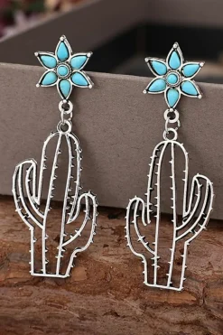 Online Dear-Lover Western Turquoise Flower Cactus Dangle Earrings Silvery
