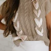 New Dear-Lover Cable Knit Colorblock Satin Bowknot Short Sleeve Sweater Simply Taupe