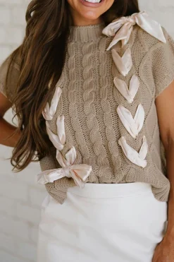 New Dear-Lover Cable Knit Colorblock Satin Bowknot Short Sleeve Sweater Simply Taupe
