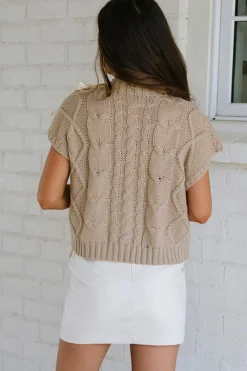 New Dear-Lover Cable Knit Colorblock Satin Bowknot Short Sleeve Sweater Simply Taupe