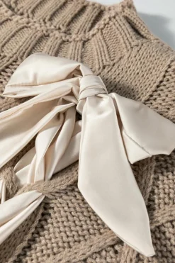 New Dear-Lover Cable Knit Colorblock Satin Bowknot Short Sleeve Sweater Simply Taupe