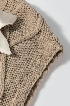 New Dear-Lover Cable Knit Colorblock Satin Bowknot Short Sleeve Sweater Simply Taupe