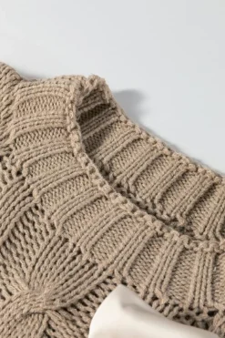 New Dear-Lover Cable Knit Colorblock Satin Bowknot Short Sleeve Sweater Simply Taupe