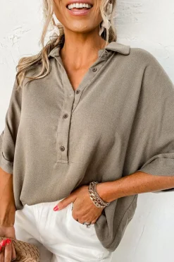 Hot Dear-Lover Collared Half Buttons Folded Short Sleeve Oversize Top Simply Taupe