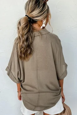 Hot Dear-Lover Collared Half Buttons Folded Short Sleeve Oversize Top Simply Taupe