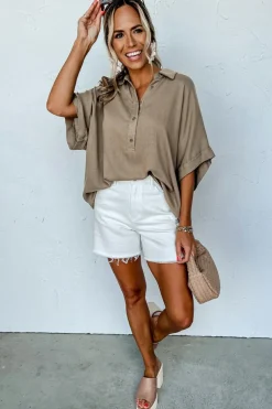 Hot Dear-Lover Collared Half Buttons Folded Short Sleeve Oversize Top Simply Taupe