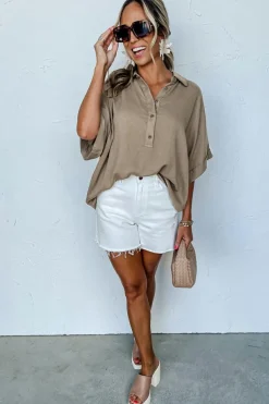 Hot Dear-Lover Collared Half Buttons Folded Short Sleeve Oversize Top Simply Taupe