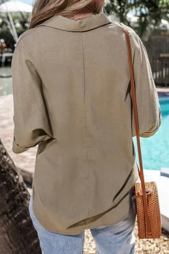 Hot Dear-Lover Collared Half Buttons Folded Short Sleeve Oversize Top Simply Taupe