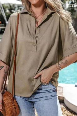 Hot Dear-Lover Collared Half Buttons Folded Short Sleeve Oversize Top Simply Taupe