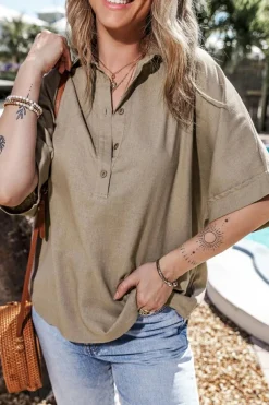 Hot Dear-Lover Collared Half Buttons Folded Short Sleeve Oversize Top Simply Taupe