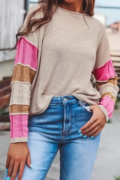 Outlet Dear-Lover Colorblock Exposed Seam Round Neck Sweater Simply Taupe