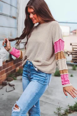Outlet Dear-Lover Colorblock Exposed Seam Round Neck Sweater Simply Taupe