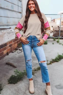Outlet Dear-Lover Colorblock Exposed Seam Round Neck Sweater Simply Taupe