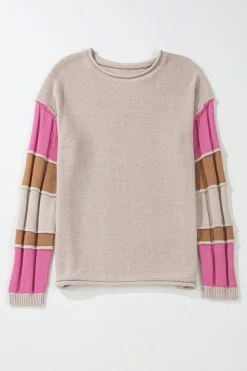 Outlet Dear-Lover Colorblock Exposed Seam Round Neck Sweater Simply Taupe