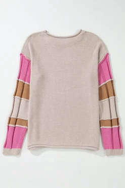 Outlet Dear-Lover Colorblock Exposed Seam Round Neck Sweater Simply Taupe