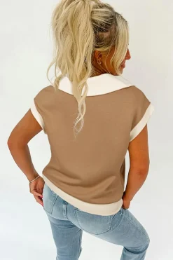 Clearance Dear-Lover Half Zipper Collared Colorblock Short Sleeve Top Simply Taupe
