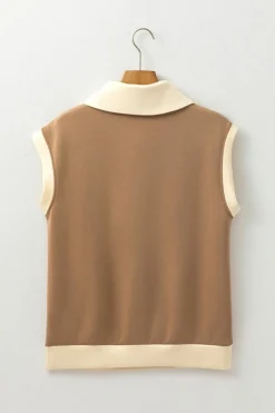 Clearance Dear-Lover Half Zipper Collared Colorblock Short Sleeve Top Simply Taupe