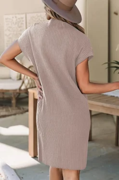 Outlet Dear-Lover Patch Pocket Ribbed Knit Short Sleeve Sweater Dress Simply Taupe