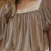 Fashion Dear-Lover Pleated Puff Sleeve Square Neck Blouse Simply Taupe