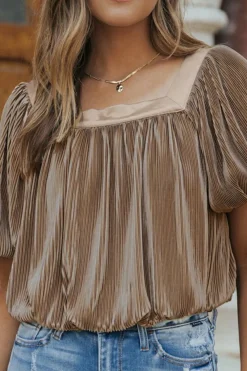 Fashion Dear-Lover Pleated Puff Sleeve Square Neck Blouse Simply Taupe