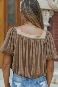 Fashion Dear-Lover Pleated Puff Sleeve Square Neck Blouse Simply Taupe