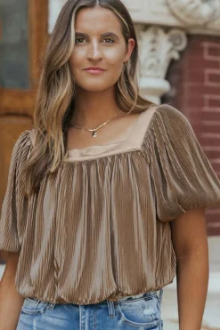 Fashion Dear-Lover Pleated Puff Sleeve Square Neck Blouse Simply Taupe