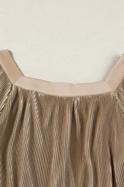 Fashion Dear-Lover Pleated Puff Sleeve Square Neck Blouse Simply Taupe