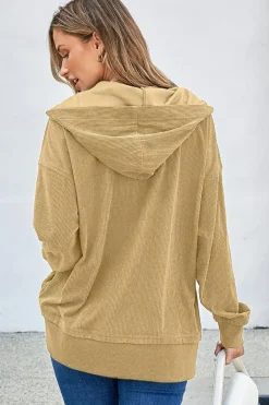 New Dear-Lover Solid Ribbed Knit Buttoned Drop Shoulder Oversized Hoodie Simply Taupe
