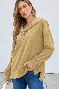 New Dear-Lover Solid Ribbed Knit Buttoned Drop Shoulder Oversized Hoodie Simply Taupe