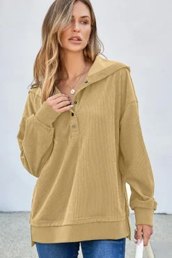 New Dear-Lover Solid Ribbed Knit Buttoned Drop Shoulder Oversized Hoodie Simply Taupe