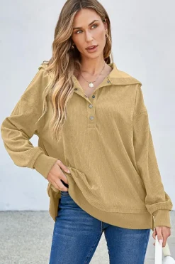 New Dear-Lover Solid Ribbed Knit Buttoned Drop Shoulder Oversized Hoodie Simply Taupe