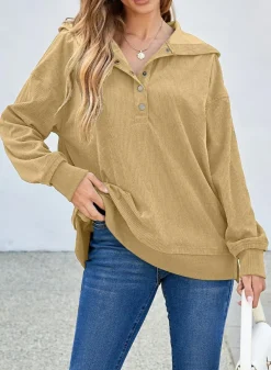New Dear-Lover Solid Ribbed Knit Buttoned Drop Shoulder Oversized Hoodie Simply Taupe