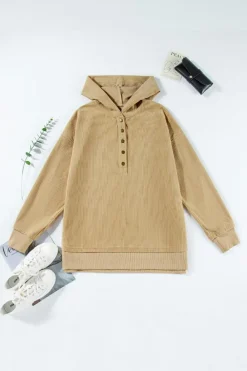 New Dear-Lover Solid Ribbed Knit Buttoned Drop Shoulder Oversized Hoodie Simply Taupe