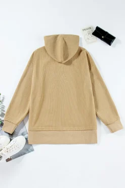 New Dear-Lover Solid Ribbed Knit Buttoned Drop Shoulder Oversized Hoodie Simply Taupe