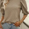 New Dear-Lover Vintage Textured Puff Sleeve Mock Neck Top Simply Taupe