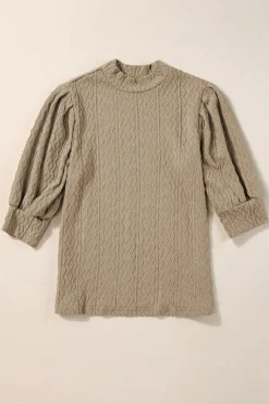 New Dear-Lover Vintage Textured Puff Sleeve Mock Neck Top Simply Taupe