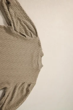New Dear-Lover Vintage Textured Puff Sleeve Mock Neck Top Simply Taupe
