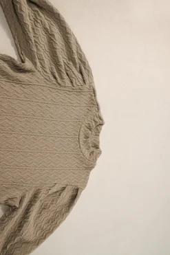 New Dear-Lover Vintage Textured Puff Sleeve Mock Neck Top Simply Taupe