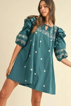 Discount Dear-Lover Boho Floral Ruffle Puff Sleeve Lace-up V Neck Mini Dress Skobeloff