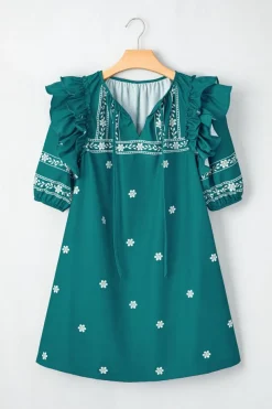 Discount Dear-Lover Boho Floral Ruffle Puff Sleeve Lace-up V Neck Mini Dress Skobeloff