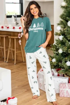 Clearance Dear-Lover Christmas Tree Print Tee and Pants Lounge Set Skobeloff